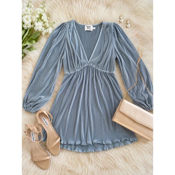 Princess Polly Dresses & Skirts - Princess Polly Smoky Blue Pleated Mini Dress Wedding Guest Romantic Size 6 NWOT